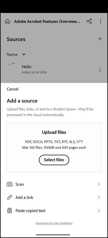 Student Space screen with options for adding source content and entering a study request.