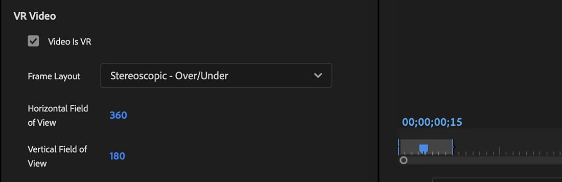 In the VR Video section of the Export Settings, the 'Video is VR' option is checked to specify that the video is a VR video, and other key details are listed for configuration before the final export.