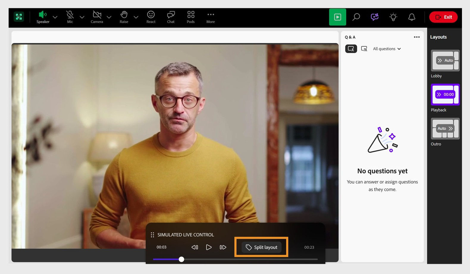 Adobe Connect interface showing split layout option with video playback paused and interactive elements being added to the right side of the screen