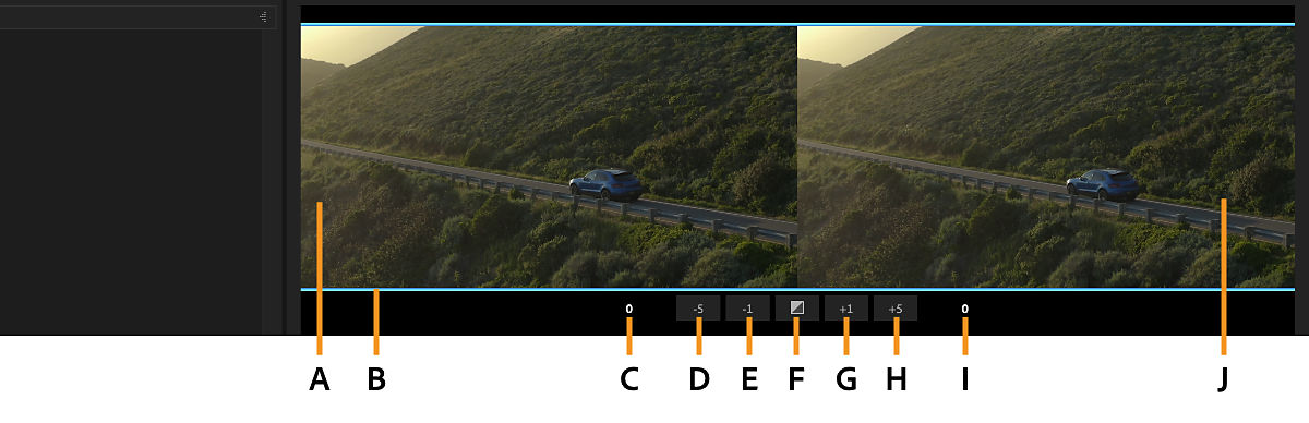 Split view of a video frame in Trim mode. The left side shows the outgoing frame, the right side shows the incoming frame. Below the frames are labels for outgoing edit point, trim indicators, shift counters, and trim controls.
