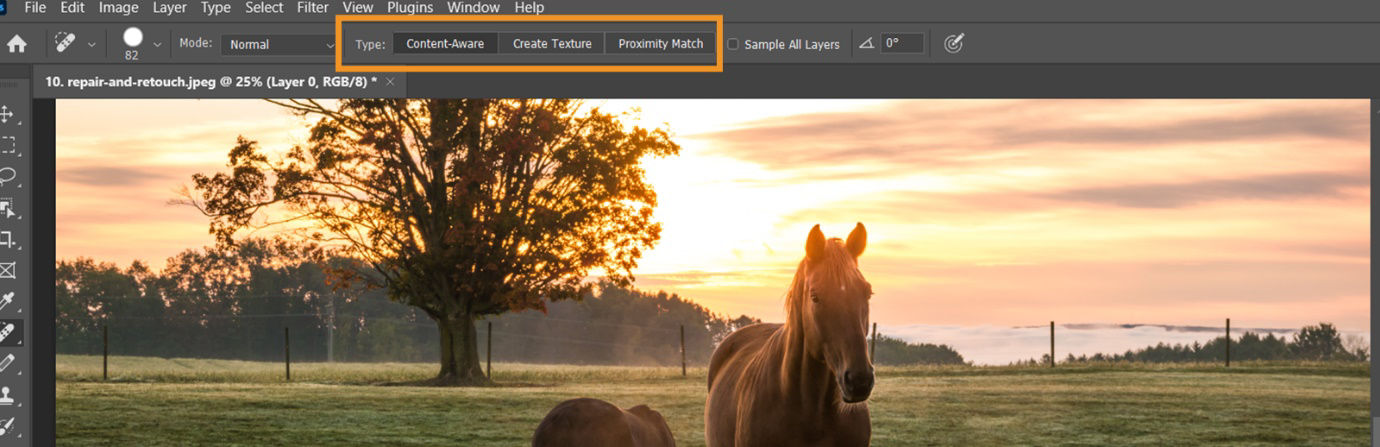 Spot healing brush tools Options bar highlighting where to select Content-Aware from.