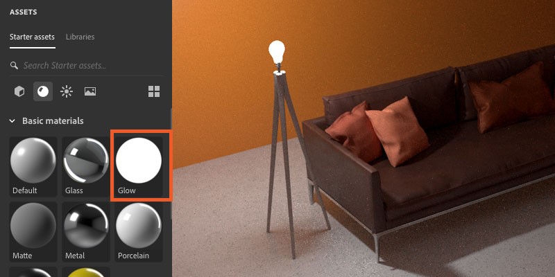 Use the "glow" starter asset to turn an object in a light source.