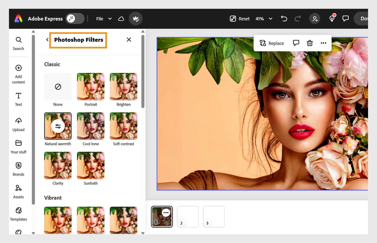 Adobe Express workspace showing the Photoshop Filters panel with options such as Natural Warmth, Cool Tone, and Soft Contrast beside a portrait photo.