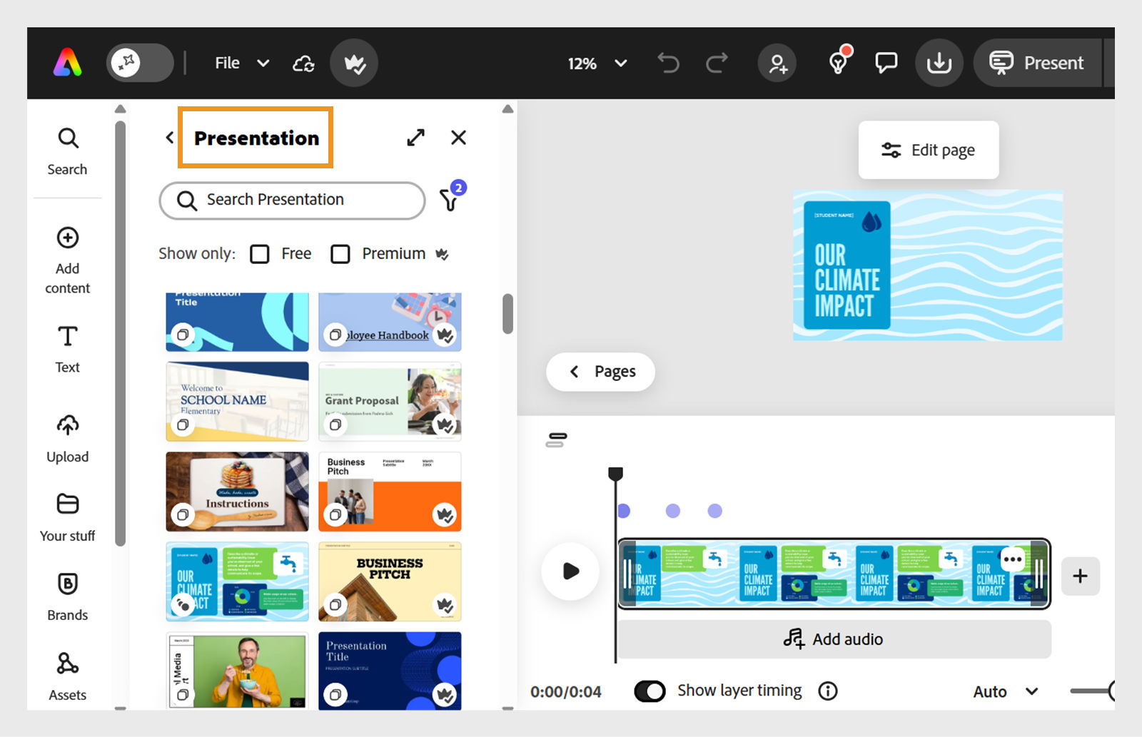Adobe Express editor open on the Presentation template library with a filter icon and the variety of presentation template options.