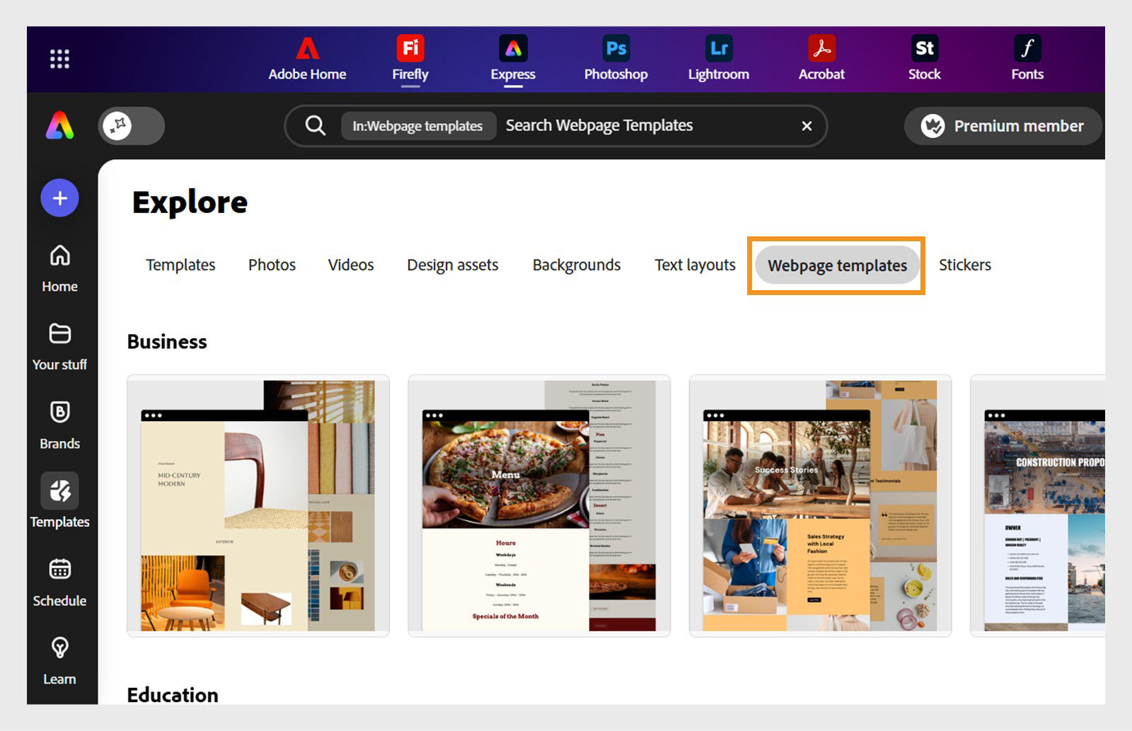 Adobe Express homepage is open in the templates panel with Webpage templates selected. Webpage templates are displayed on the screen for Business.