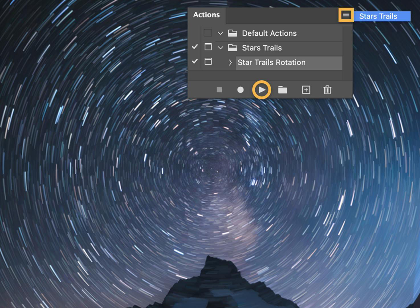 Star Trails Rotation and Play button are selected from the Actions panel. The stars now display in a circular, streaked pattern.