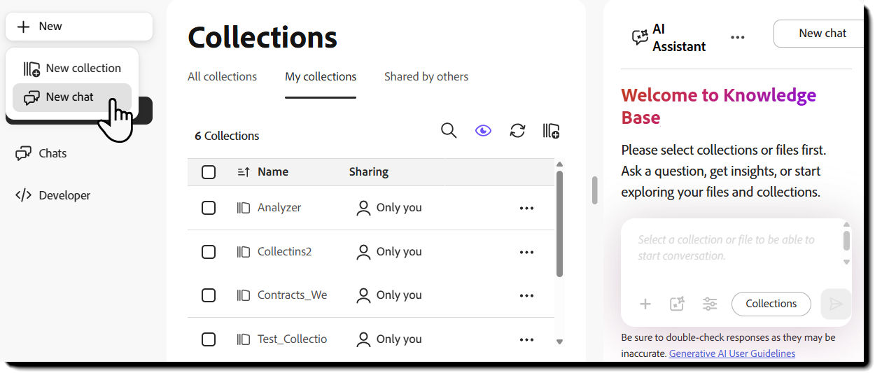 Collections page with a blank AI Assistant panel, source selector, and prompt field ready for a new conversation.