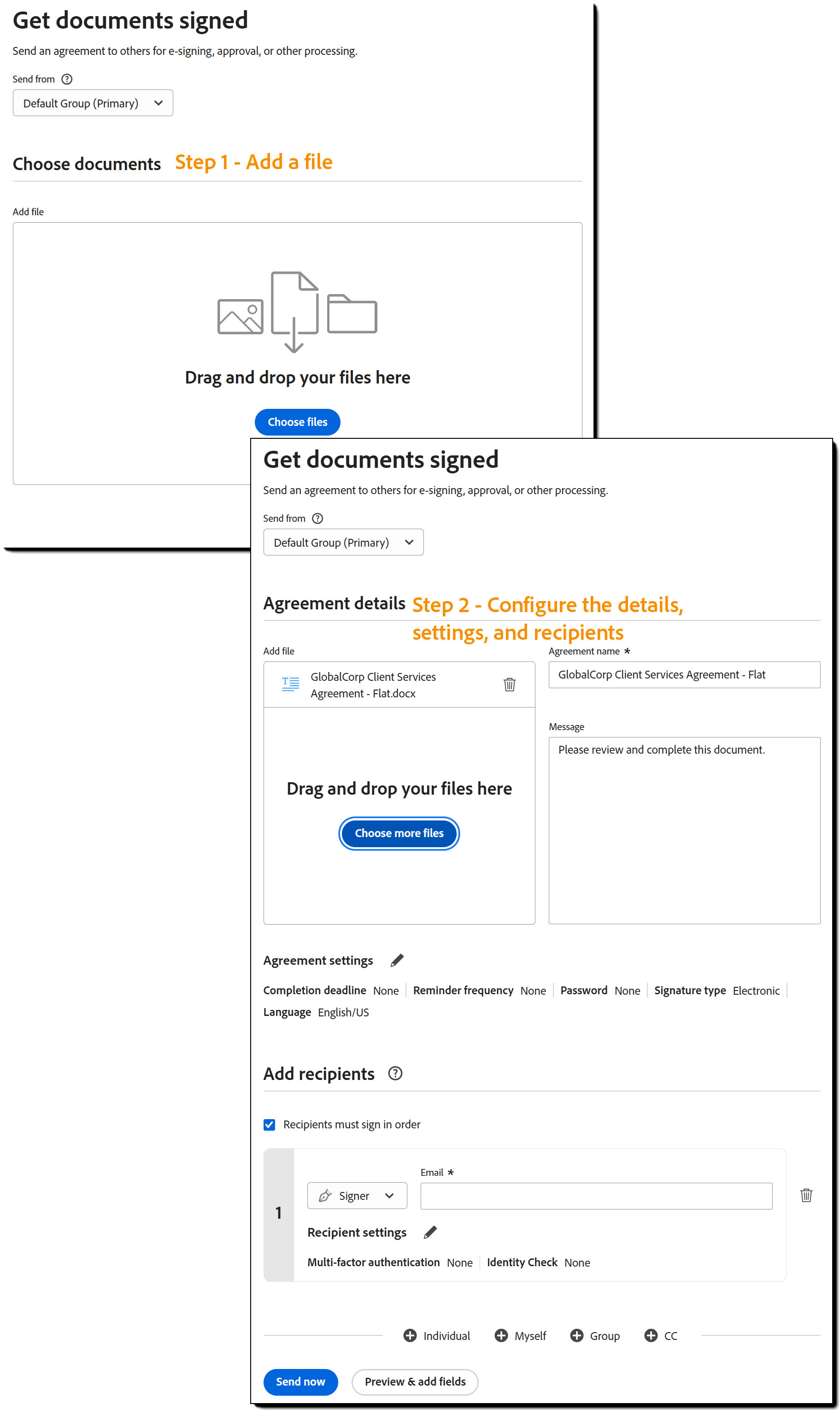 Two images showing the two steps of the guided Compose process