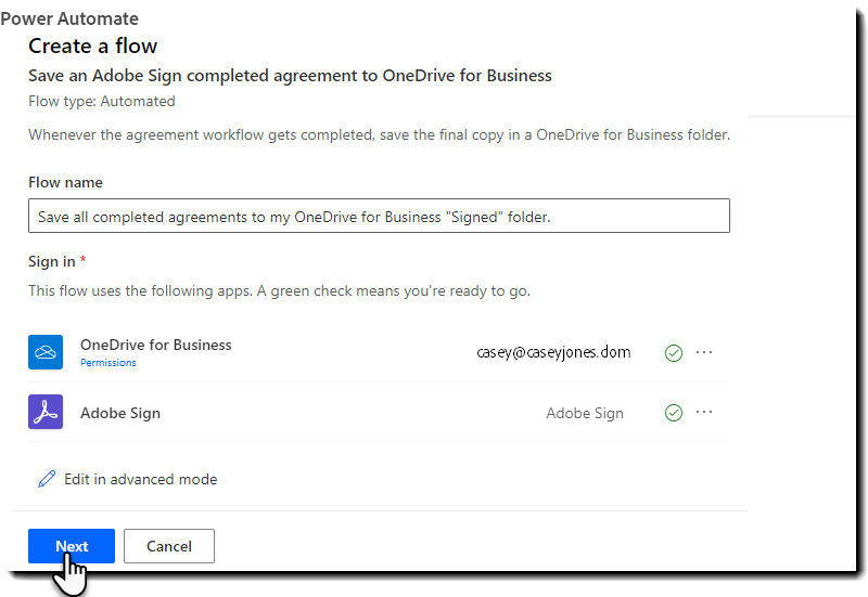 Name your flow and validate your connectors