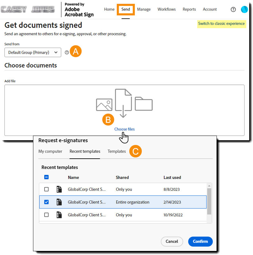 The group selector page with an inset of the file picker overlay