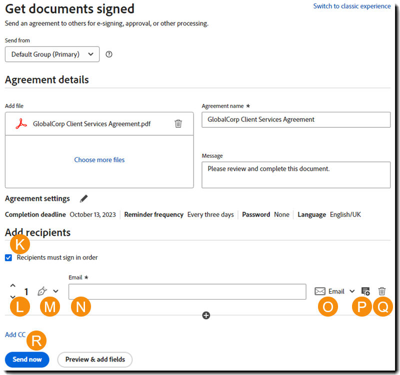 Step three of the send process showing the configurable options of the recipient section