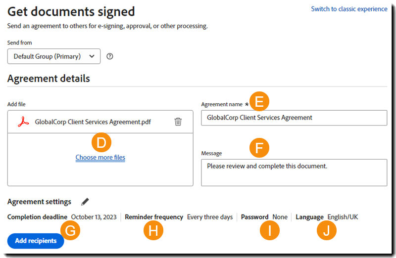 The second page of the Send process highlighting the agreement details and setting options.