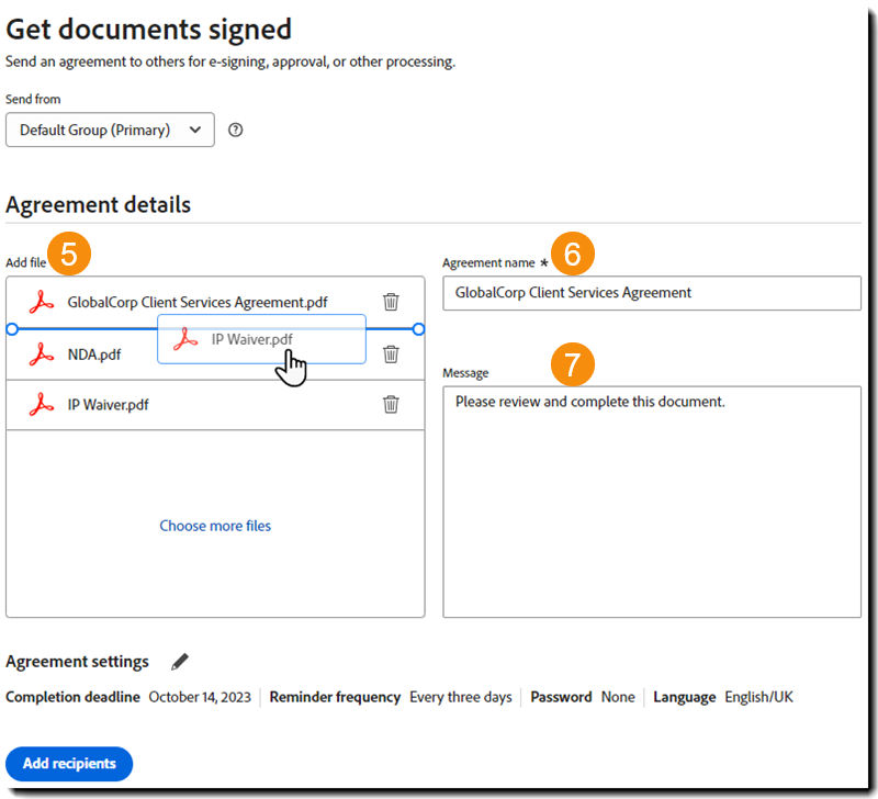 The agreement creation process with the Agreement details section highlighted