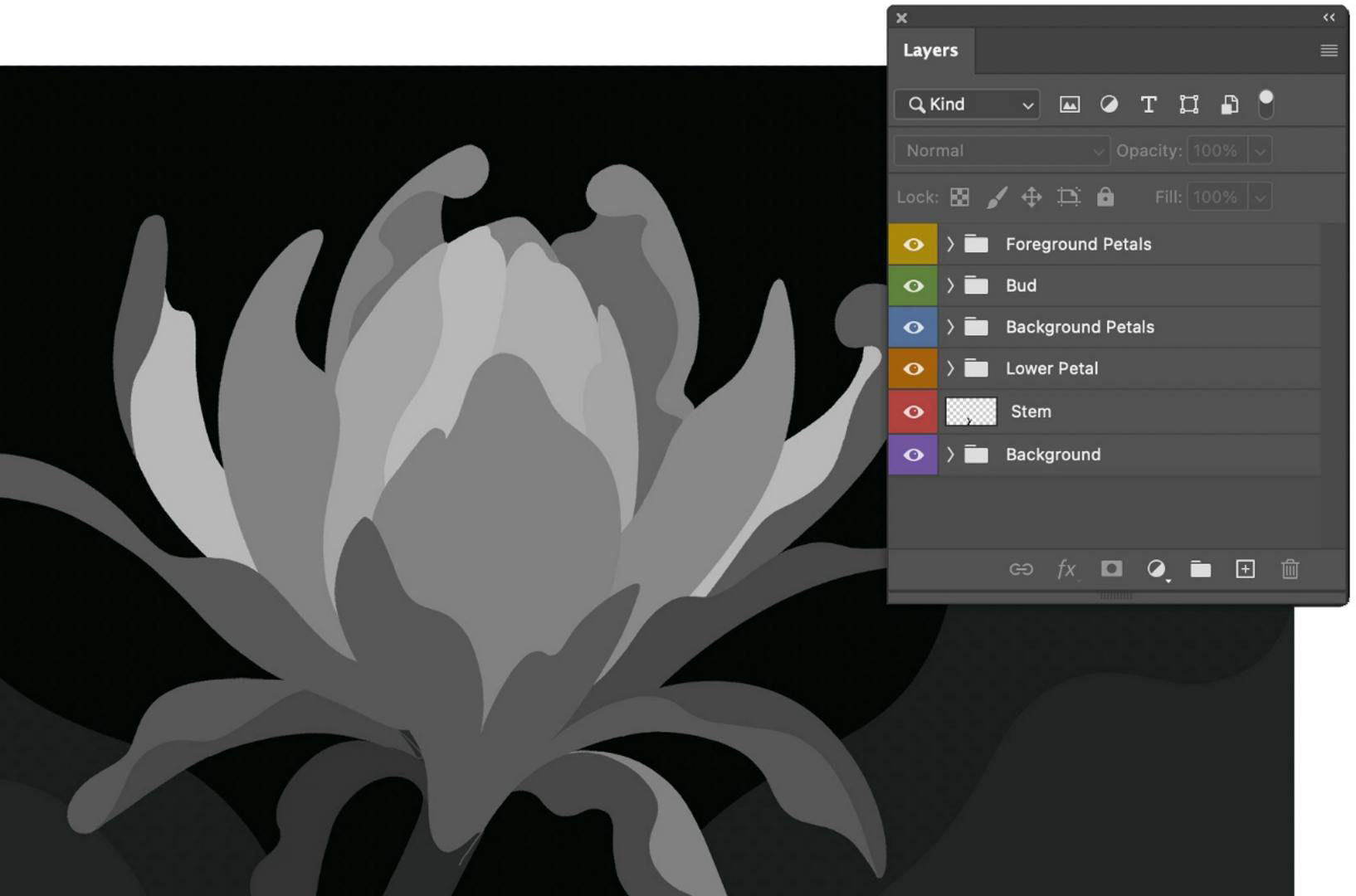 Step art showing a screen capture of a grayscale flower illustration and Layers panel in Photoshop.