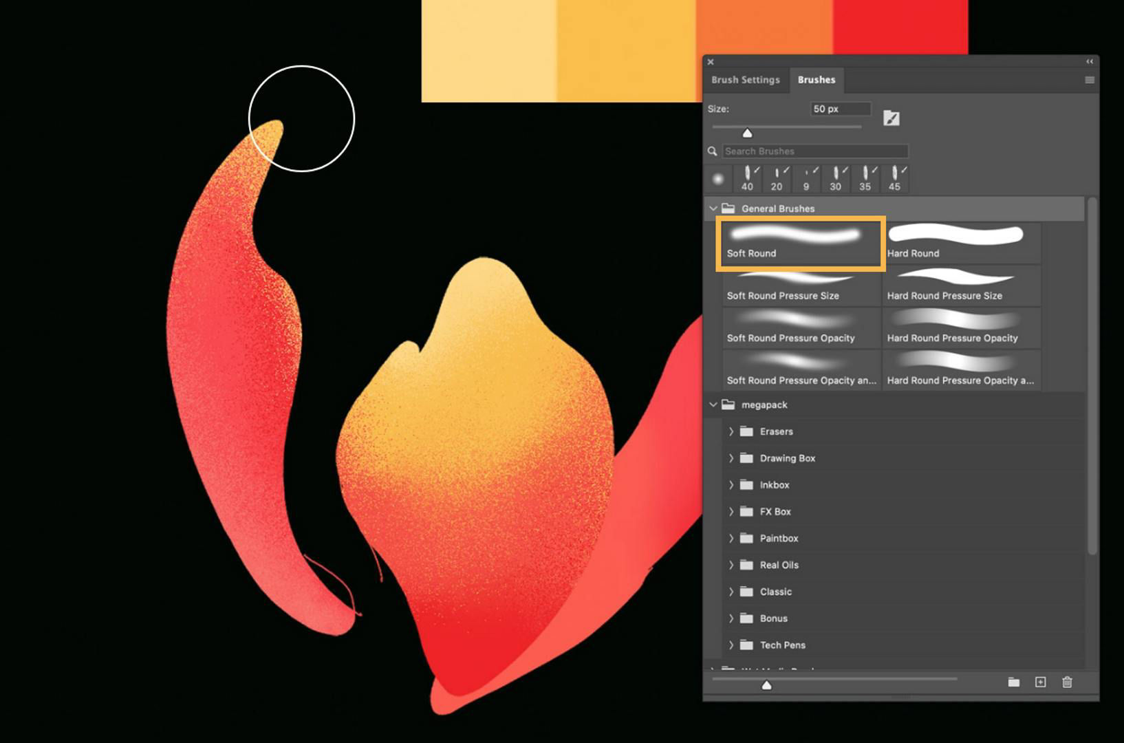 Step art showing how to add texture details to an illustration using brushes in Photoshop.