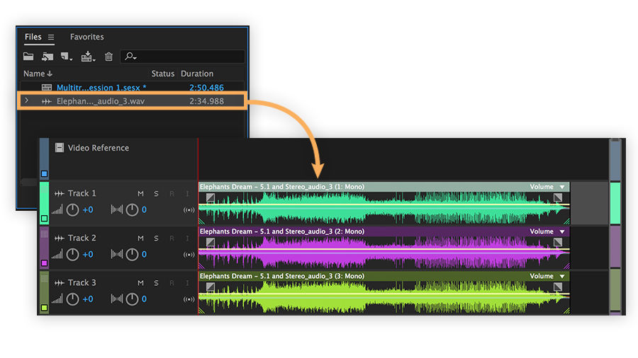 A selection of clips is dragged onto an audio track in a multitrack session. Clips are placed onto separate channels.