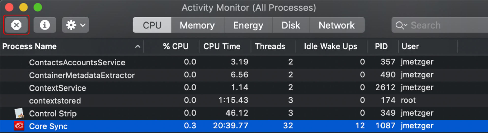 Stop coresync process in Activity Monitor
