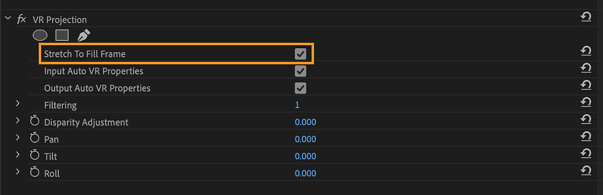 In the Effects panel, VR Projection effects are listed and under it the Stretch To Fill Frame property is enabled.