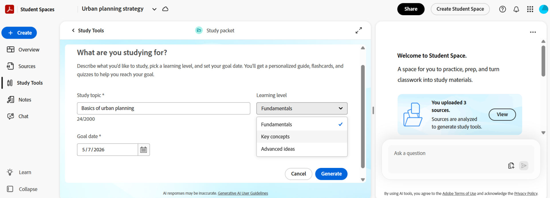 Student Space interface showing the Study packet setup panel, where a user defines a study topic, selects a learning level, and sets a goal date, alongside the Study Tools navigation and uploaded sources.