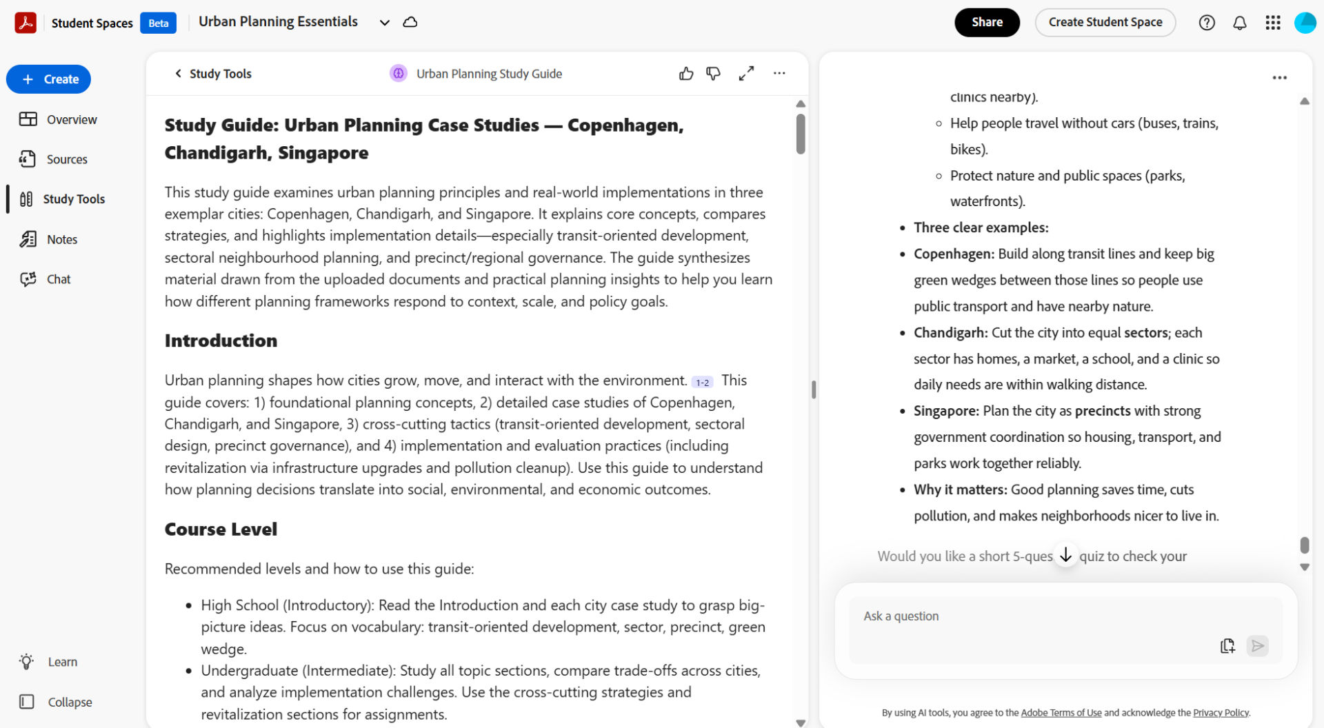 Student Space showing a generated study guide with an introduction, recommended course levels, structured topics with citations, and a prompt to take a short quiz to check understanding.
