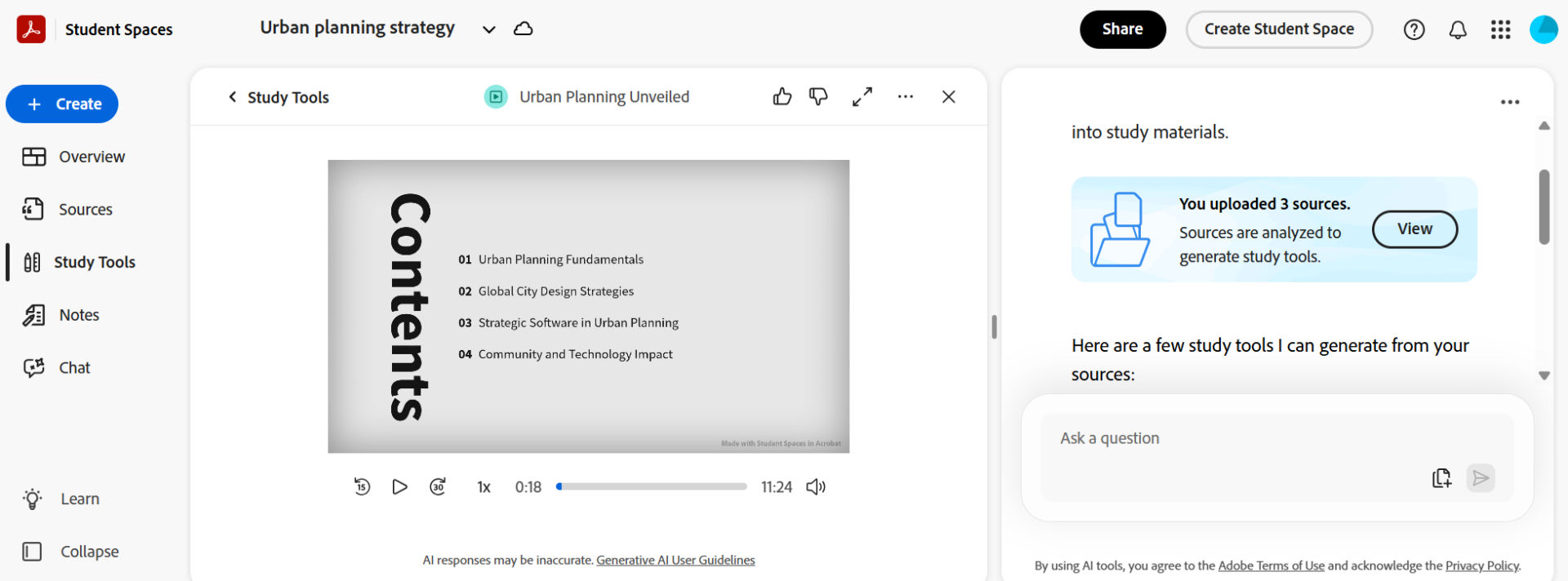Student Space showing a generated video summary with a contents slide, playback controls, and study tools panel alongside the source materials.