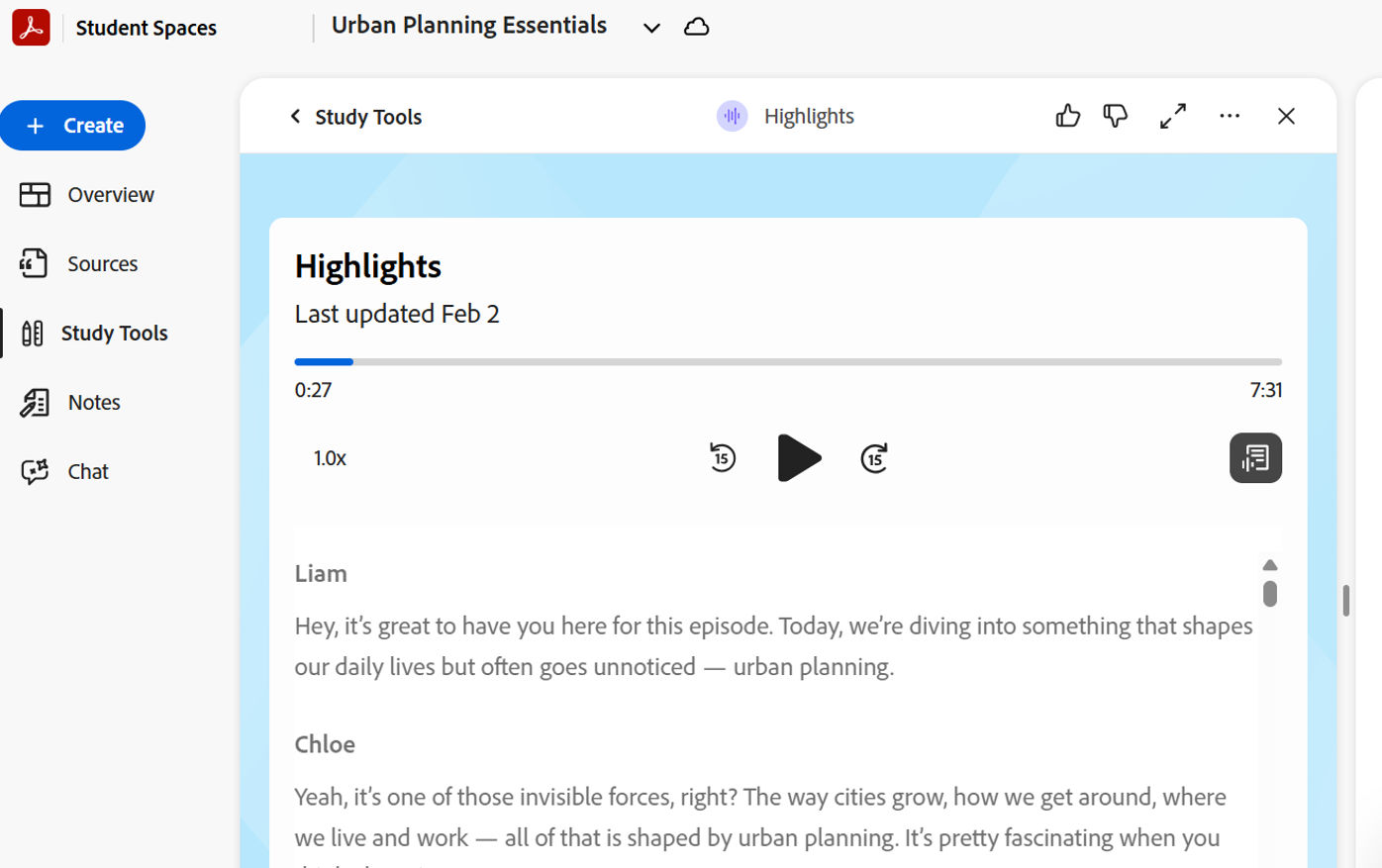 Student Space showing the Highlights audio player with playback controls and a synchronized transcript for a topic.