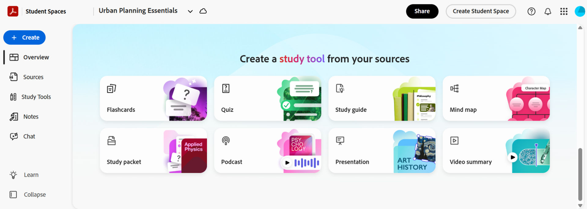 Student Spaces overview showing a grid of study tools, including flashcards, quizzes, study guides, study packets, podcasts, presentations, and video summaries.