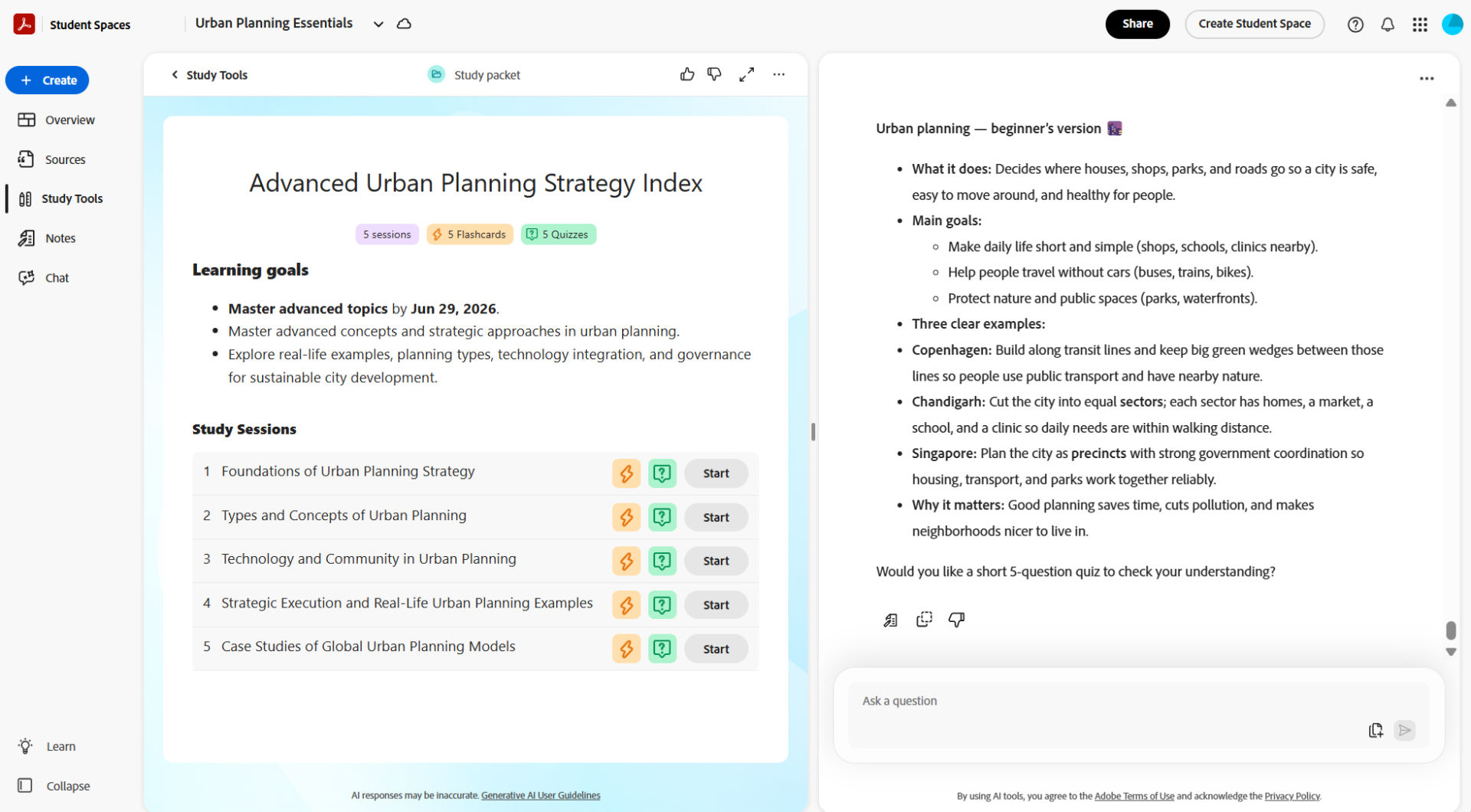Study Packet index showing learning goals, multiple study sessions, and progress indicators, with each session designed to guide students through topics using a study guide, flashcards, and a quiz.