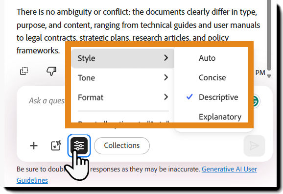 AI Assistant response customization menu with Style, Tone, and Format controls.