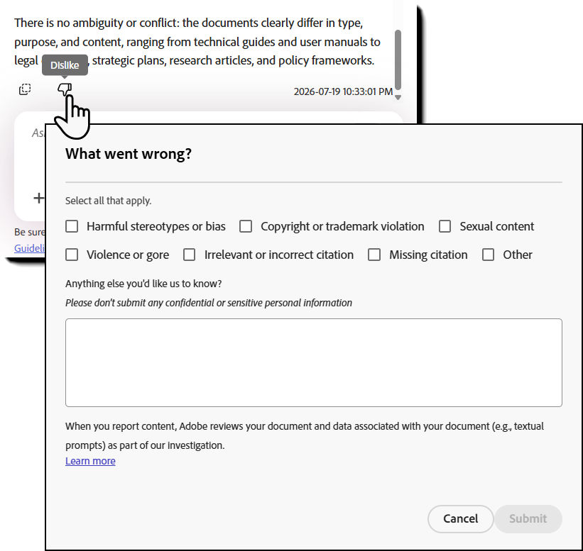 Feedback dialog with issue categories, an optional comments field, and Cancel and Submit buttons.