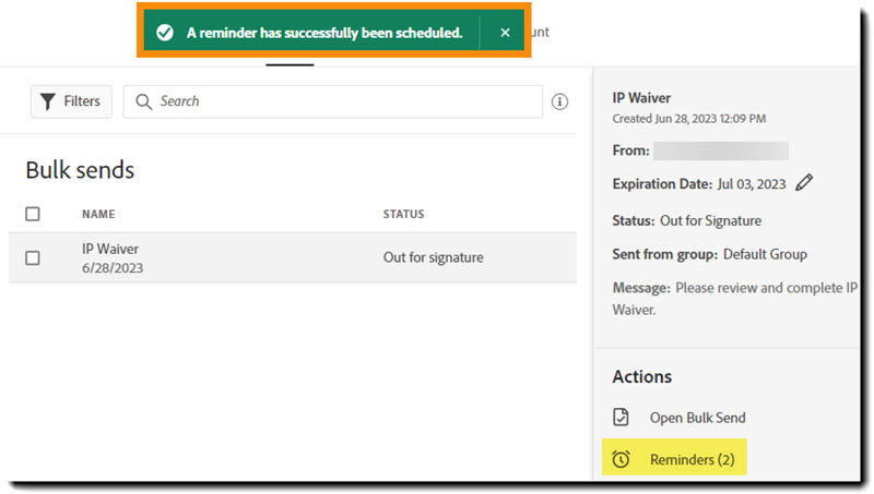 Manage page showing the success message after the reminder is created and the Reminders action with an incremented number