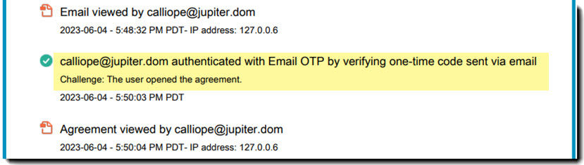 Successful OTPvEm authentication in the audit report