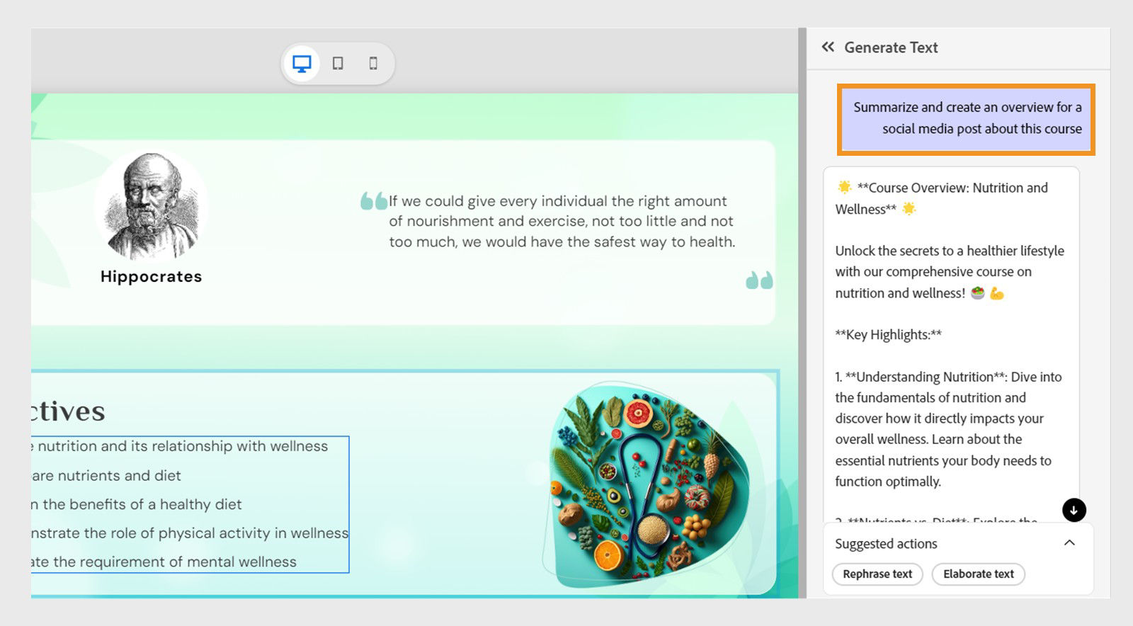 Generate text dialog with the prompt 'Summarize and create an overview for a social media post about this course' for nutrition and wellness content.