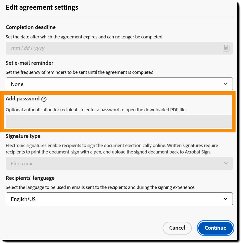 Add password controls in the Agreement settings suppressed