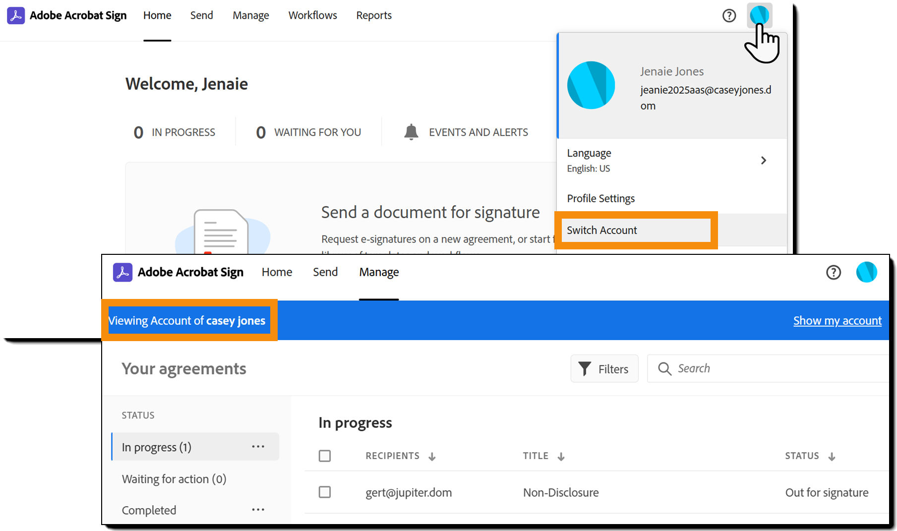 The user's profile menu highlighting the Switch Account option