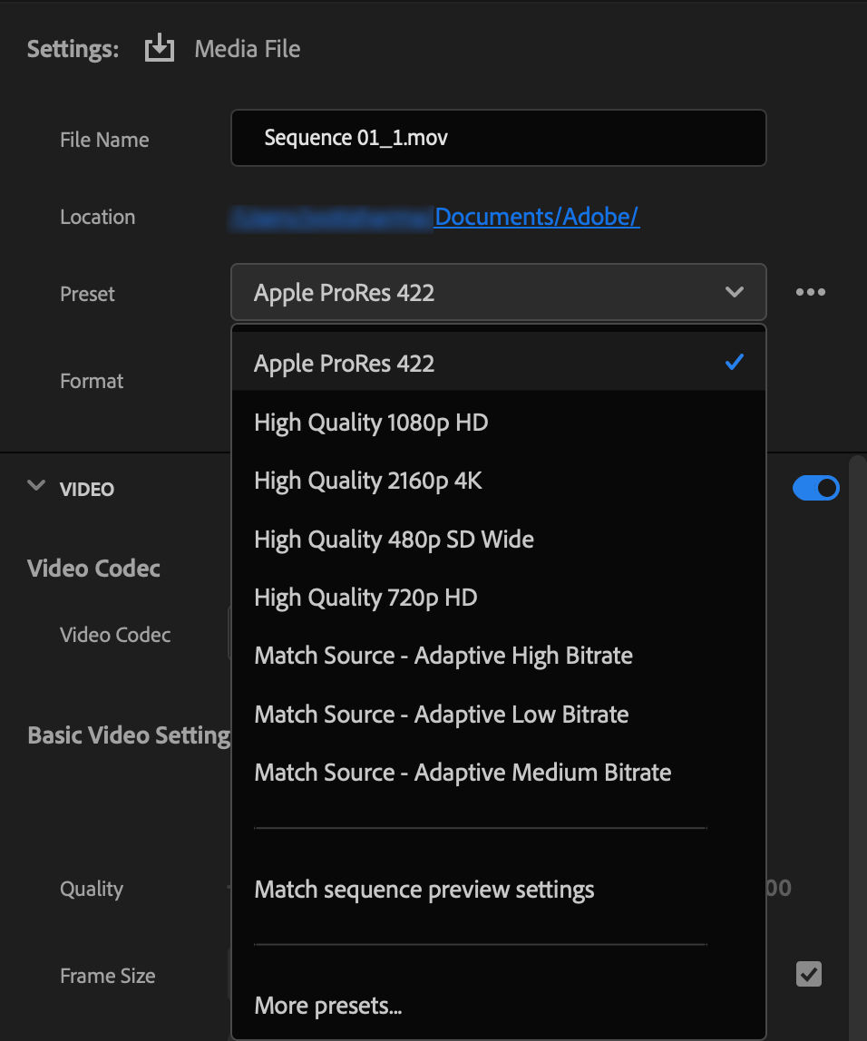 Switching to a built-in export preset