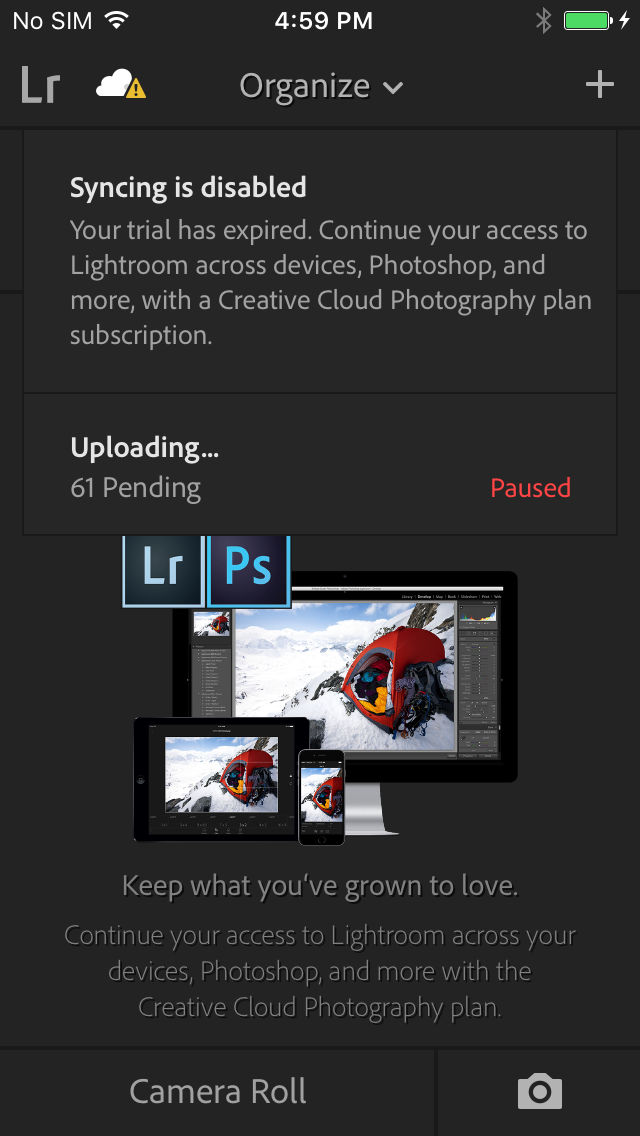 Synchronisierung deaktiviert und Warteschlange für Hochladen angehalten, nachdem die Testversion abgelaufen ist.