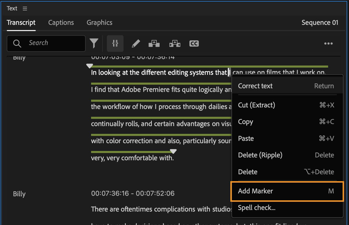 UI showas a highlited text in the Transcript panel with Add Markers selected from the menu.