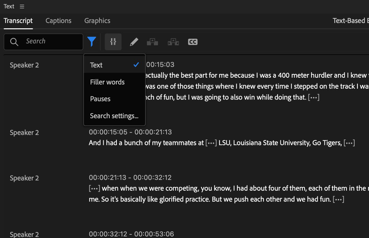 The Transcript tab of the Edit panel of Premiere Pro is shown. The filter icon is selected, which provides options to choose from Text, Filler words, and Pauses. The Text option is checked.