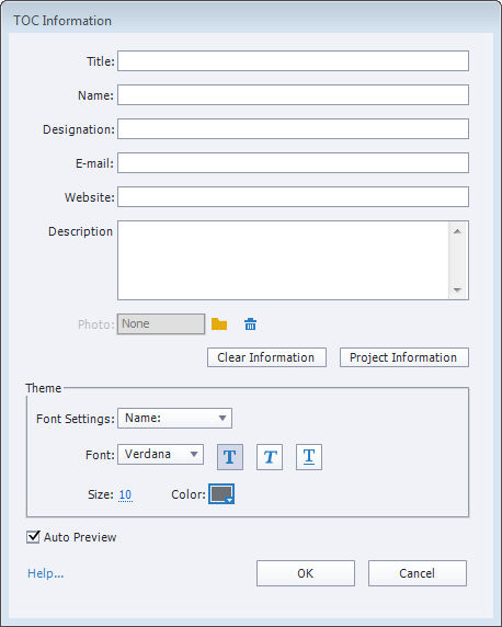 TOC Information dialog