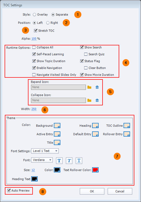 TOC Settings dialog