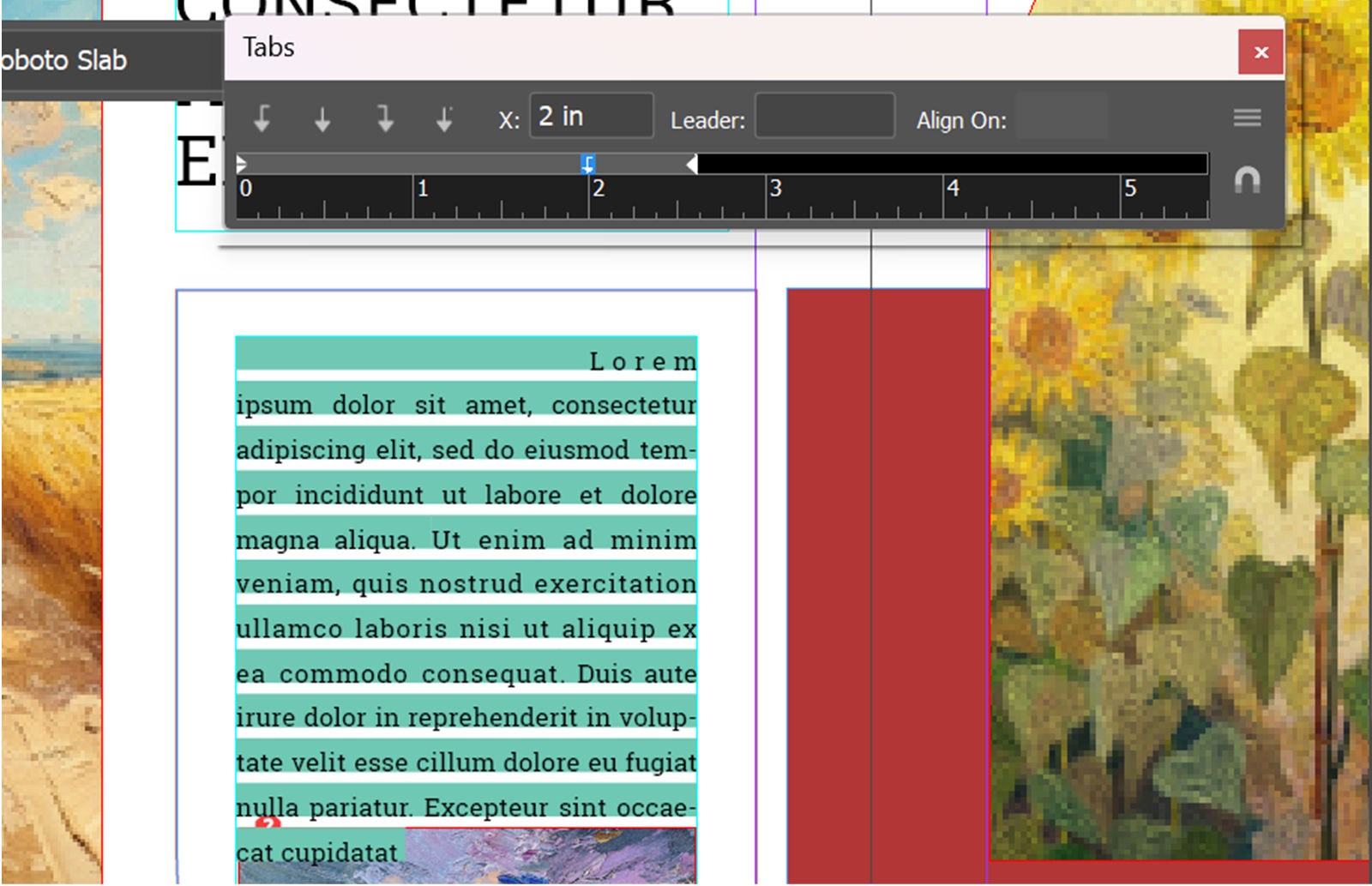 Tabs dialog box in InDesign showing a 2-inch X value, with the corresponding tabbed text highlighted.
