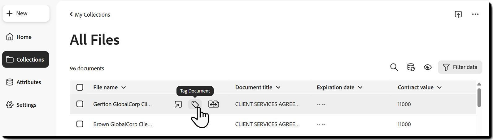 The collection's file list with the "Tag Document" button highlighted.