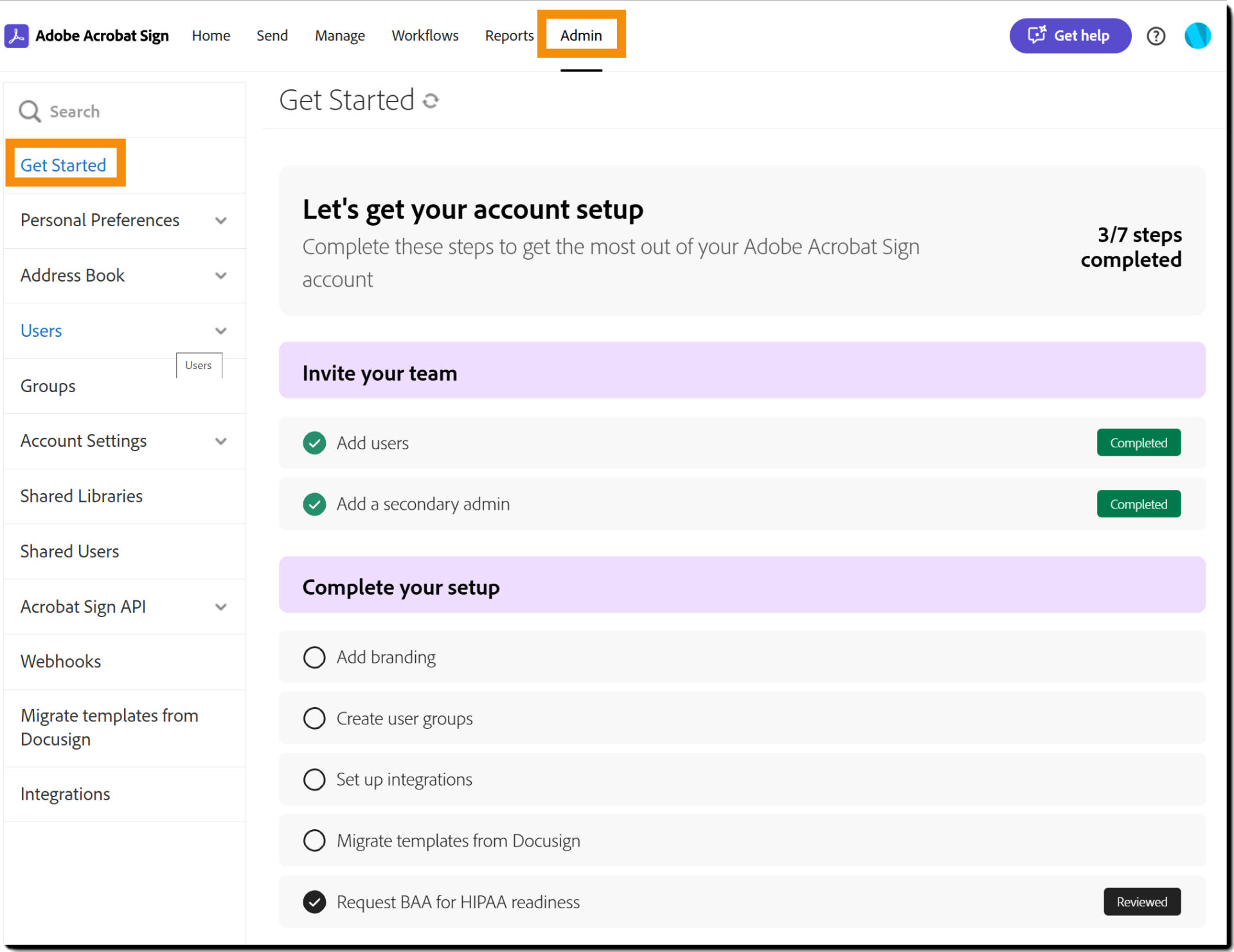 The Get Started sub-menu in the Admin menu list.