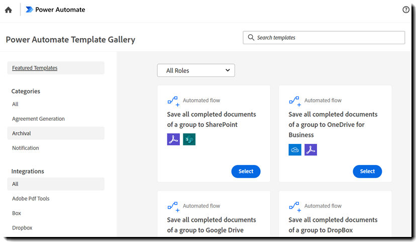 The Power Automate gallery filtered to show only Archival flows