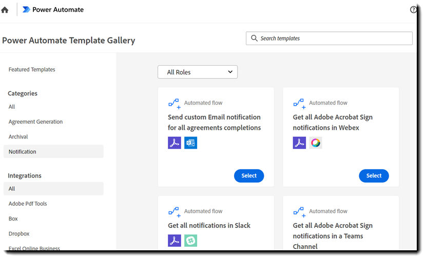 The Power Automate gallery filtered to show only Notification flows