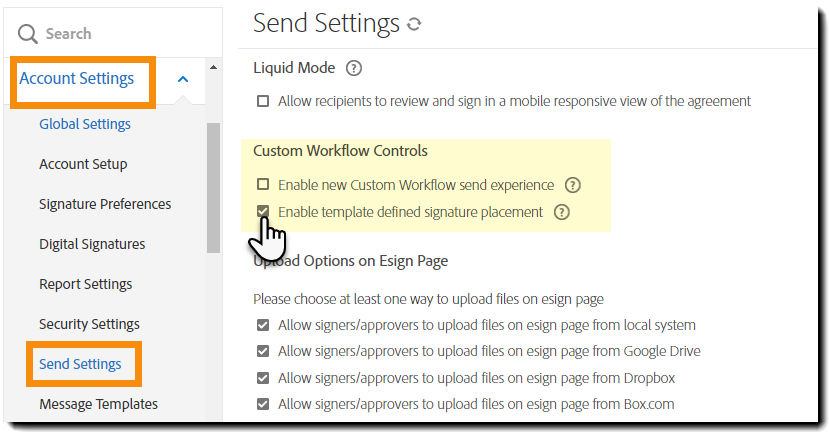 Configure workflows to use template efined signature placment