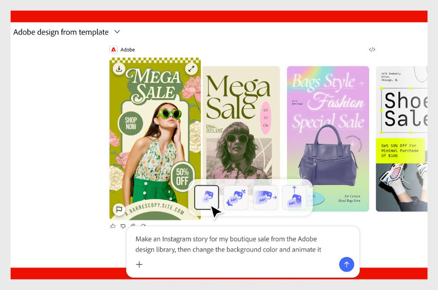 Template options for a boutique sale appear beside a prompt to animate the design.