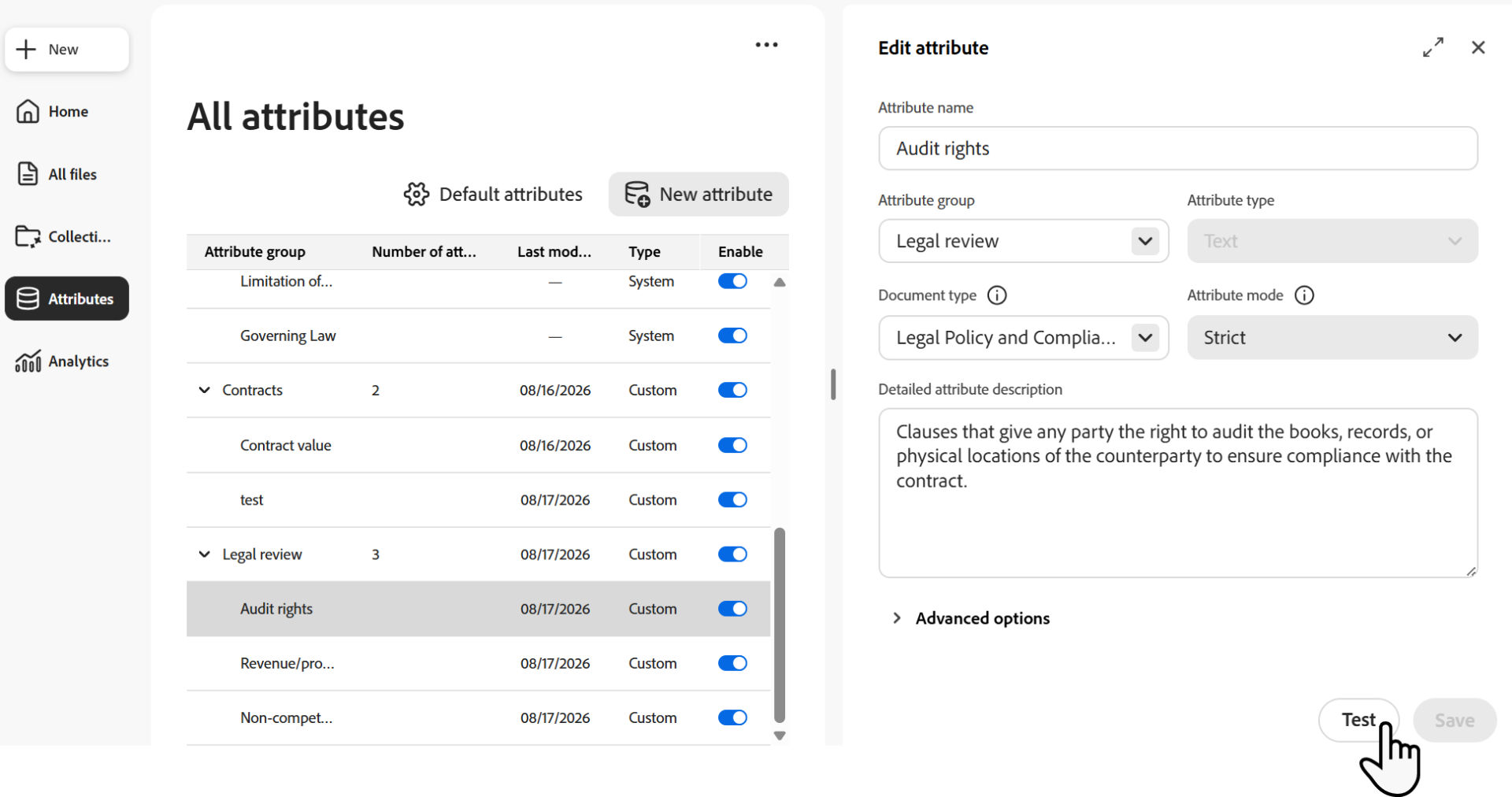 Attribute definition showing the control used to start testing.