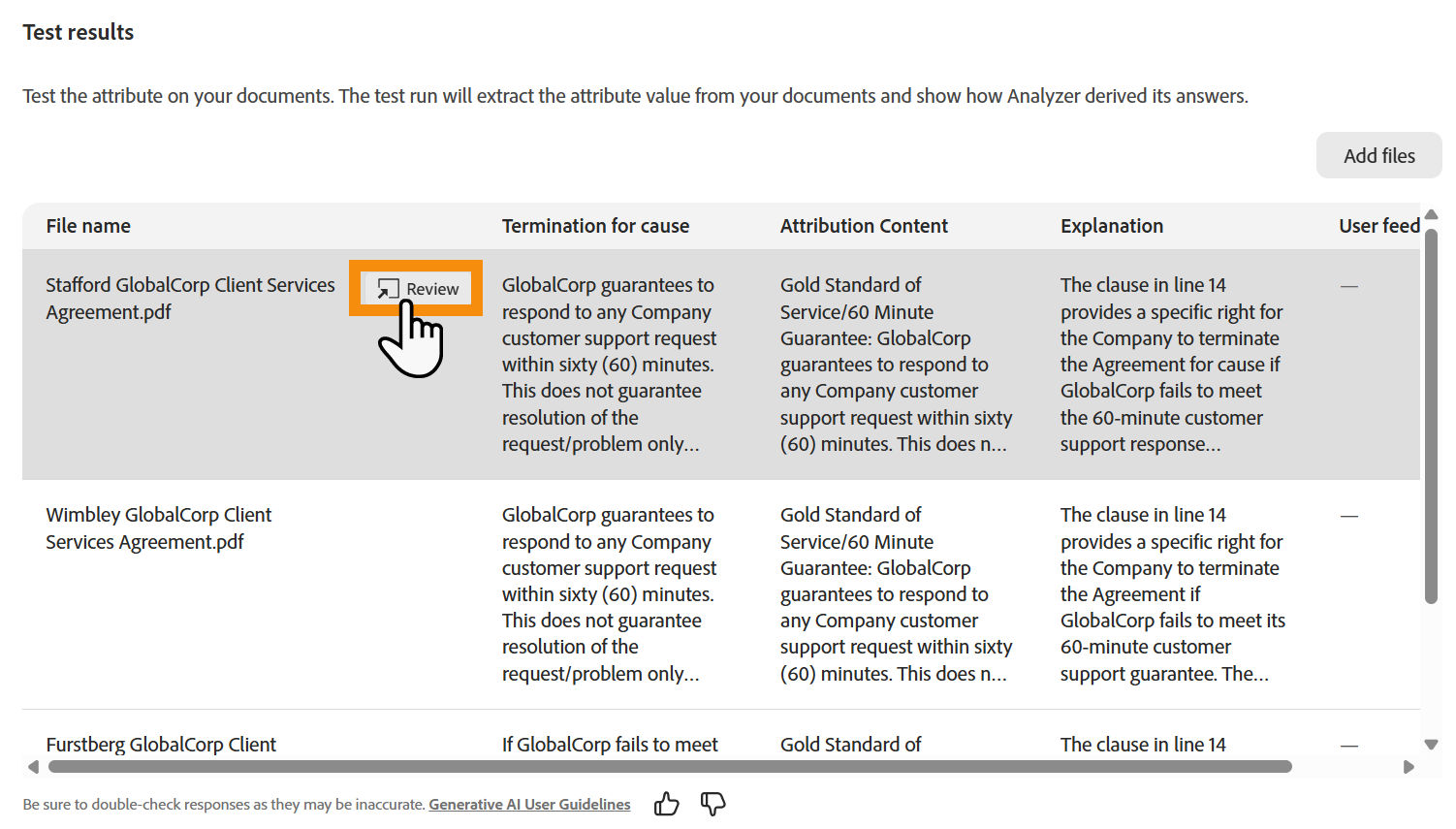 The "Evaluate attribute" page with the "Review" button highlighted.